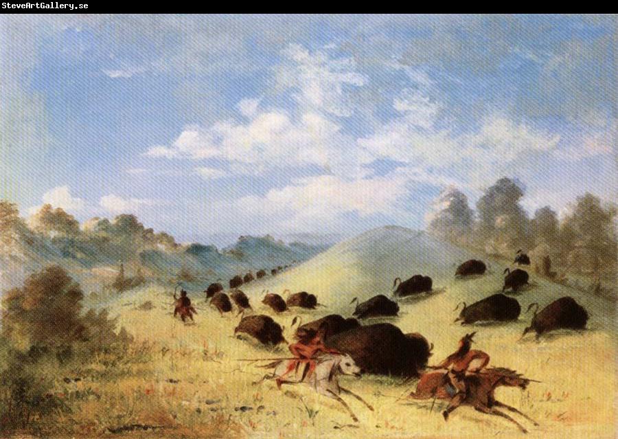 George Catlin Comanche Indians Chasing Buffalo with Lances and Bows
